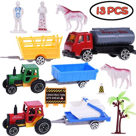 Plato Farmers Market Salmon - Boy Toy Car Farmer Truck Role Play Action Figure Diecast Vehicle Tow Trailer Play Set for Party Favors with Animals, Farmers, Wagons, Trucks, Accessories 13PCs F-79
