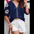 thumbnail image 4 of Blusas de Verano para Mujer, Blusas Florales Bordadas con Mangas Abullonadas, Cuello en V, Estilo Bohemio, Informal Azul Marino S, 4 of 7