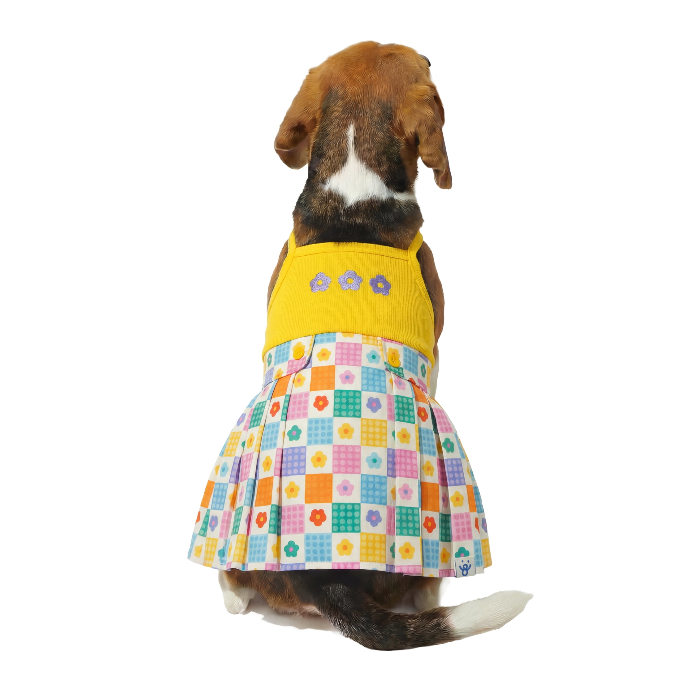 Oodles Yellow Floral Pleated Retro Spring Dog Dress, Medium