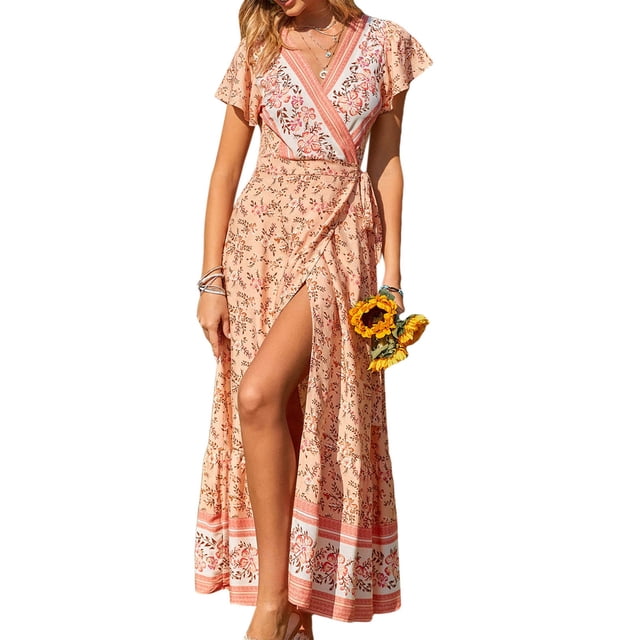 TRKIYQC Vestido largo de verano con estampado floral para mujer Vestido de manga corta con cuello en V Cintura con lazo Vestido holgado, Ropa informal simple de una pieza TRKIYQC perder