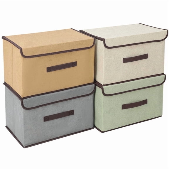 Topekada 4 Pack Fabric Storage Bins with Lid & Handles, 14" x 9" x 9" Large Foldable Storage Basket with Handles, Stackable, for Clothes, Shelf, Office