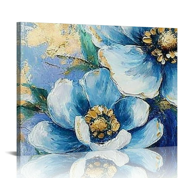 FCXZI Flowers Painting Florals Landscape Canvas Wall Art Textured Picture, Abstract Botanical Modern Teal Blue Large Artwork for Living Room Bedroom Bathroom Office Home Decor 16x12in