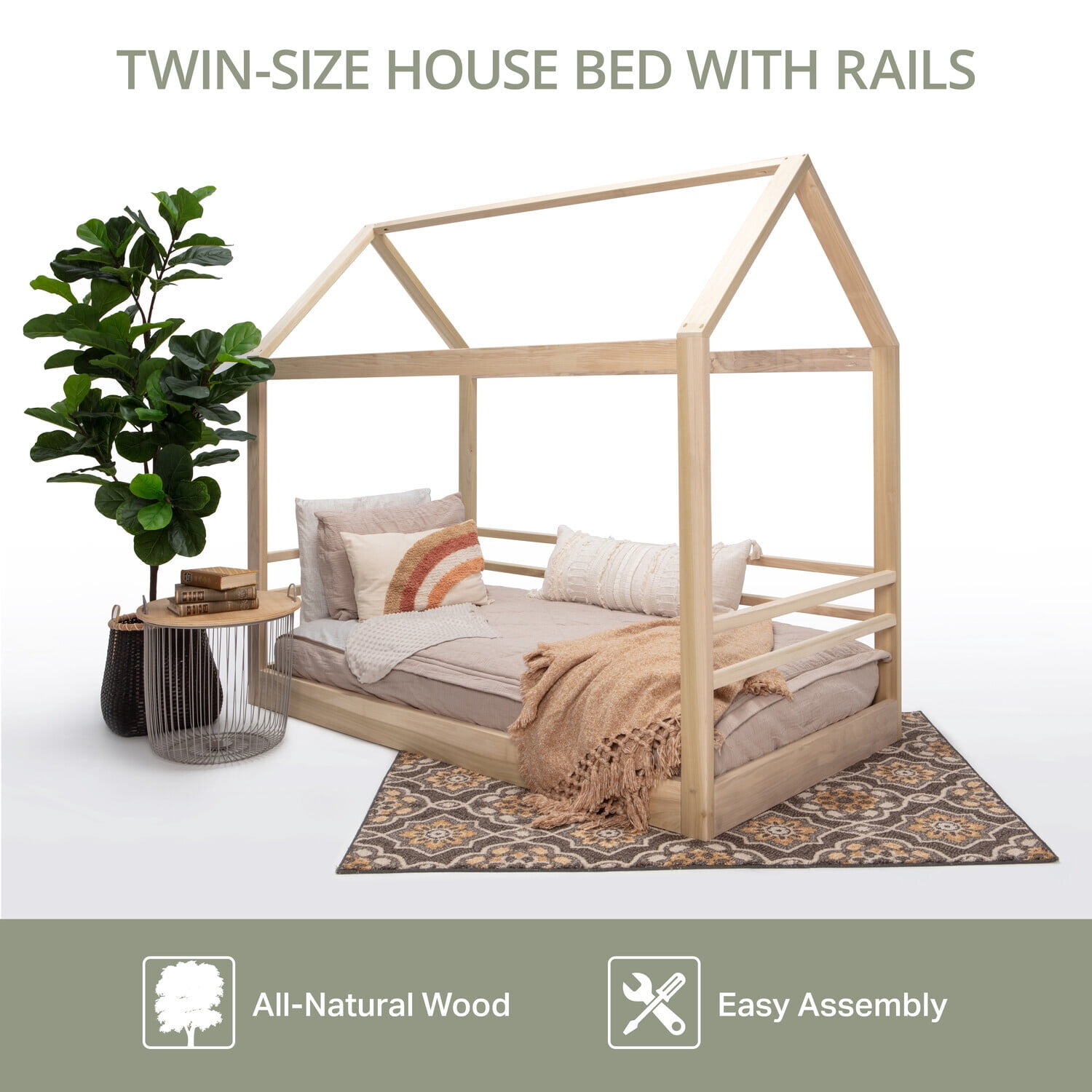 HomeStock French Fabulous Twin Size House Bed on Raised Platform with Side Rails on Three Sides