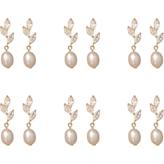 HNYG 6Pairs Dainty Gold Pearl Earrings for Women, Trendy 14K Gold Plated Freshwater Pearl CZ Leaf Drop Earring, Bridesmaid Stud Earrings for Wedding, Jewelry Gifts for Women