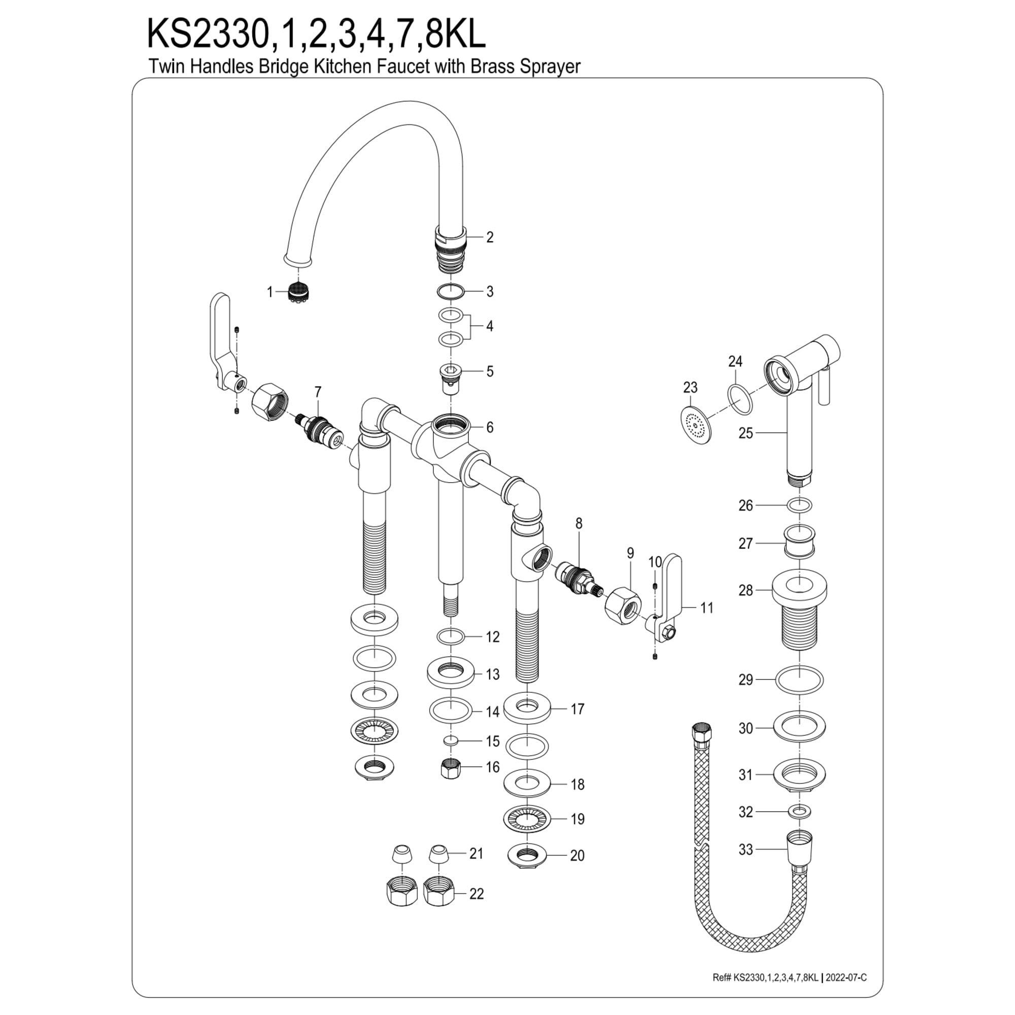 Kingston Brass KS2338KL Whitaker Two-Handle 4-Hole Deck Mount Industrial Style Bridge Kitchen Faucet with Brass Side Sprayer in Brushed Nickel