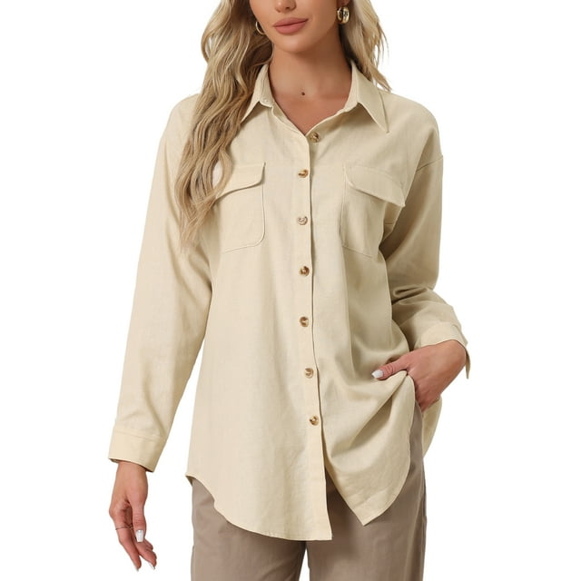 Camisas casuales de manga larga con botones y bolsillos de INSPIRE CHIC para mujer, sueltas y con mangas enrolladas en color caqui S