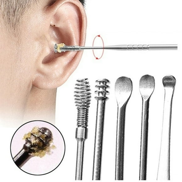 5Pcs Stainless Steel Spiral Ear Picks Spoon Wax Removal Cleaner Tool with Box