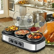Superjoe Electric Slow Cooker Buffet, 3-Pots Stainless, Server Black 4.5qt 3-Crock