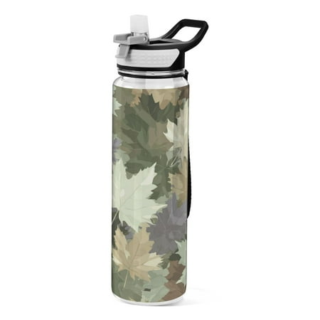 1000ML Transparent Sports Water Bottle with Handle & Straw Portable Water Bottle for Outdoor Camping Gym Camouflage Maple Leaves