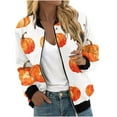 thumbnail image 2 of WXLWZYWL Womens Halloween Bomber Jacket Trendy Pumpkin Ghost Bat Spider Floral Print Casual Coat Zip Up Outerwear Windbreaker with Pockets Stand Collar Fall Clothes, 2 of 5