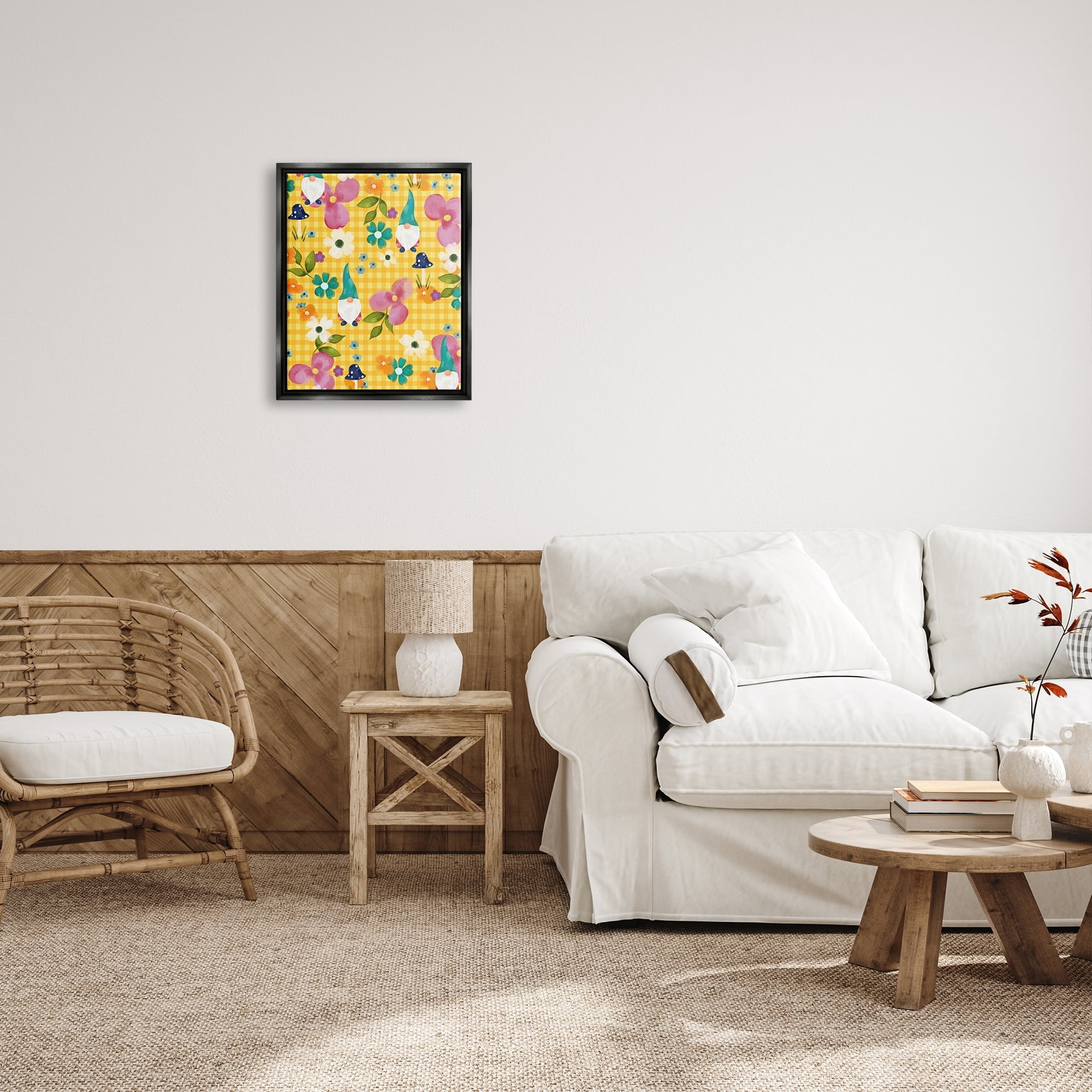 Stupell Industries Yellow Tartan Patterned Spring Gnomes Mushrooms Graphic Art Luster Gray Floating Framed Canvas Print Wall Art, Design by Laura Konyndyk