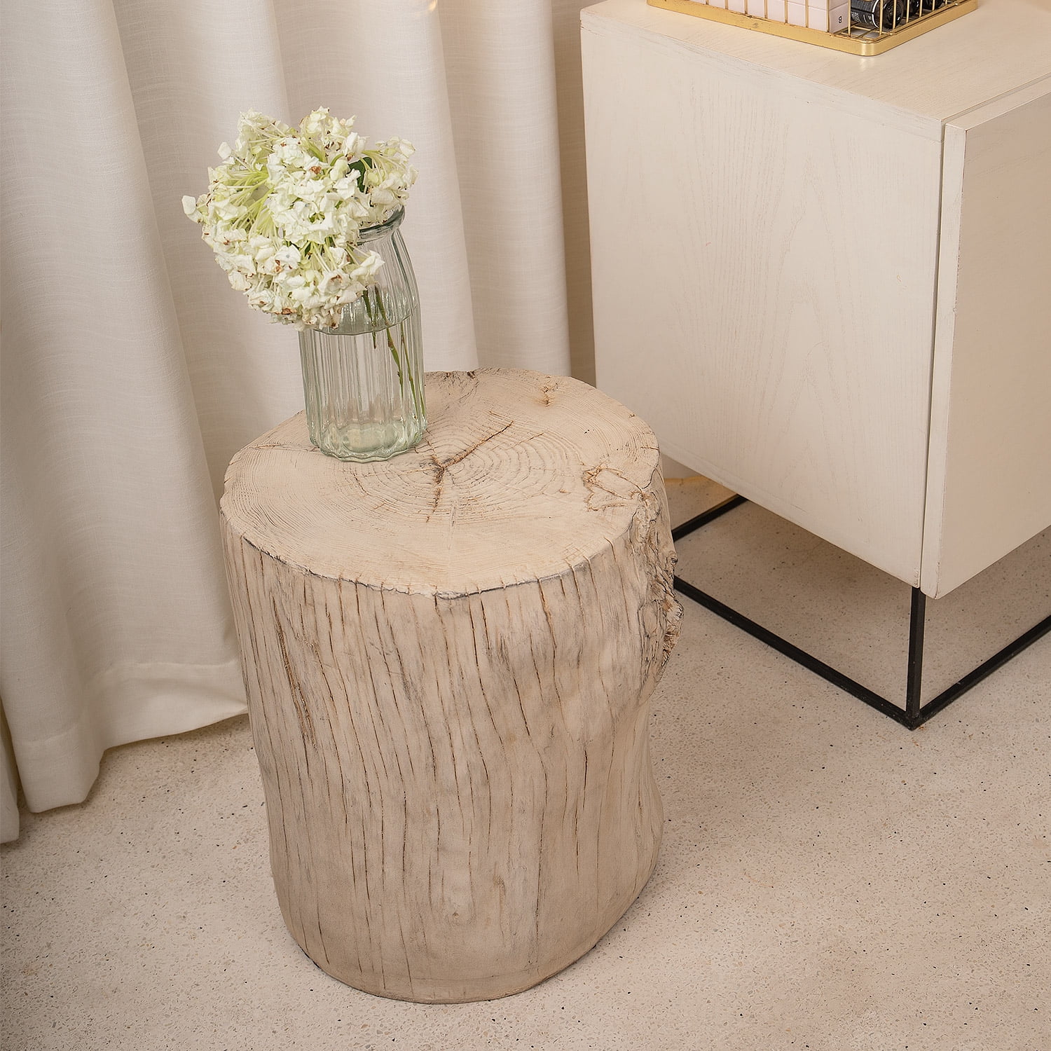 VENTOPYR White Faux Wood Tree-Trunk Stool, Painted Concrete End Table