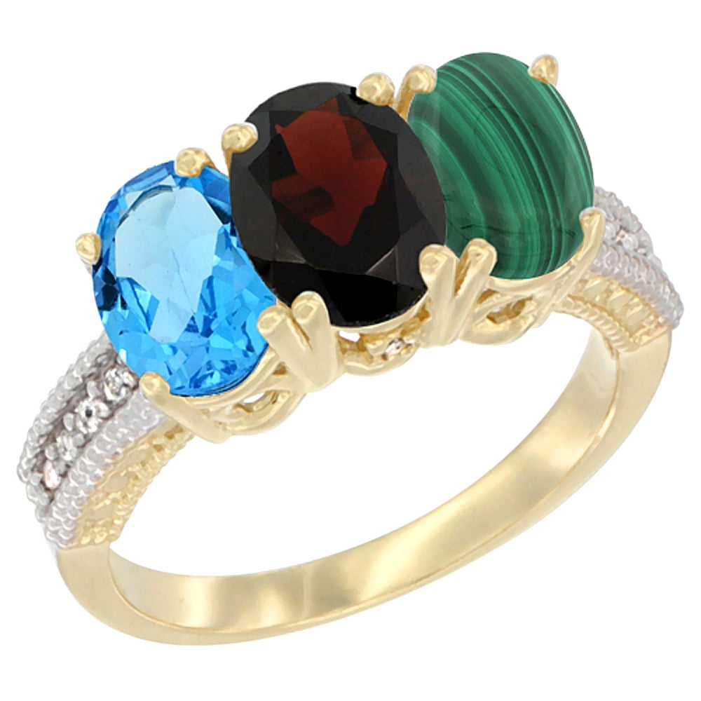 10K Yellow Gold Diamond Natural Swiss Blue Topaz, Garnet & Malachite Ring 3-Stone Oval 7x5 mm, sizes 5 10 by WorldJewels