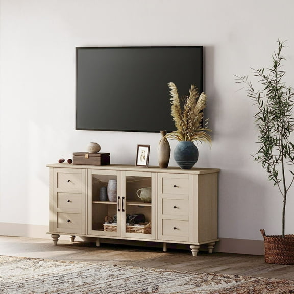 Light Beige Farmhouse TV Stand for TVs Up to 75 inch with Glass Door, Wood Universal TV Console Table with 4 Storage Cabinets, 58''
