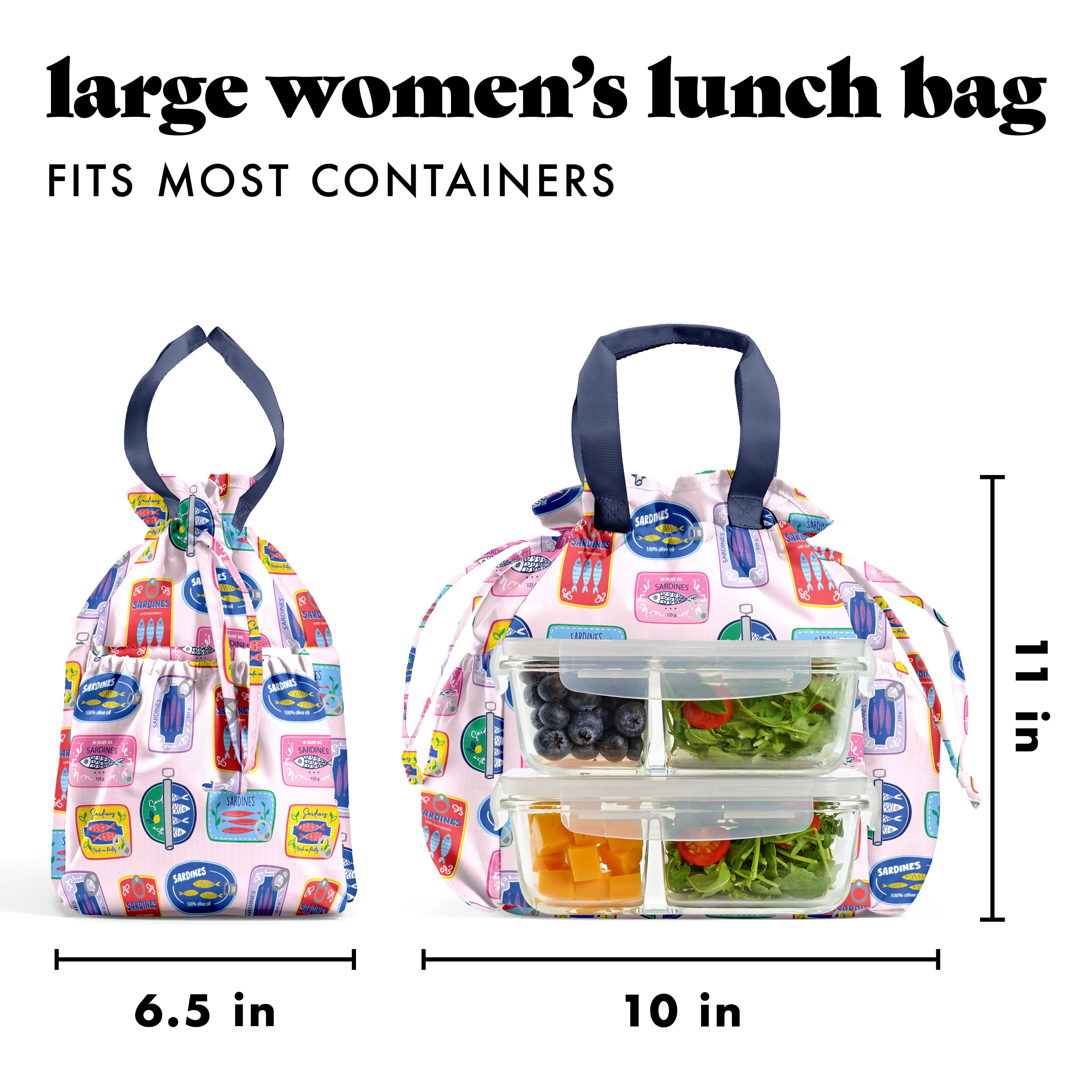 Fit + Fresh Cromwell Women's Lunch Bag, Cinch Closure Lunch Box With Containers, Assorted Sardine Cans