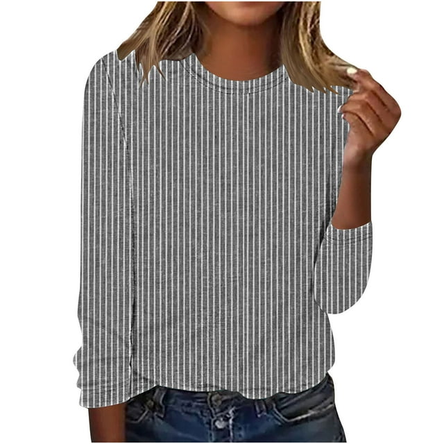 Lenpel T-Shirts pour Femmes Mode Automne Manches Longues Col Rond Rayé Tee Basique Hauts Blouses Décontractées Amples (Gris, TTG)