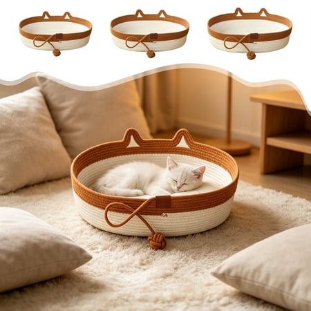 Breathable Rope Woven Pet Bed for Summer Handmade Crochet Nest 14*19in Scratch‑Resistant Cotton Material Cool Comfort Large Space Sleeping Bed for Indoor Cats & Dogs