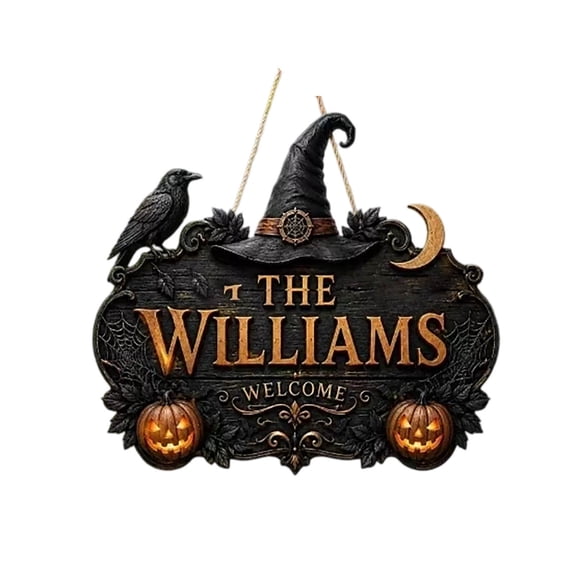 Personalized Halloween Door Hanger Sign 11. Inch, Family Name Welcome Sign with LED LightâUp Pumpkin, Vintage Halloween Front Door Wall Hanging Decor