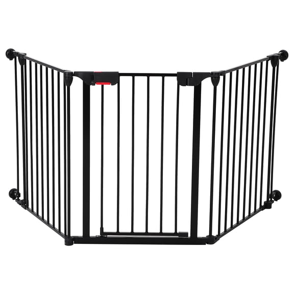 75.6" Wide Folding Metal Pet Gate, 28.9" Tall No-Assembly Freestanding Dog Gate with Walk-Through Door, 3-Panel Accordion Puppy Barrier for Indoor and Outdoor Use, Wall-Mount Kit Included