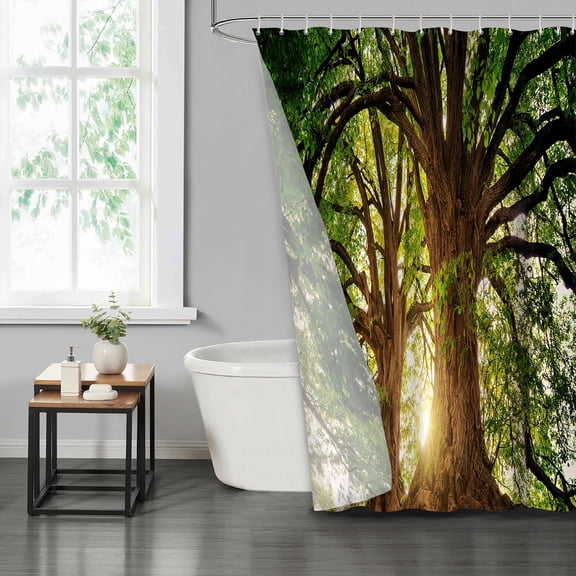 LVRLVR The Tree of Life Fabric Shower Curtain - Forest Modern Bathroom Decoration, Green, 70.8" x 70.8"