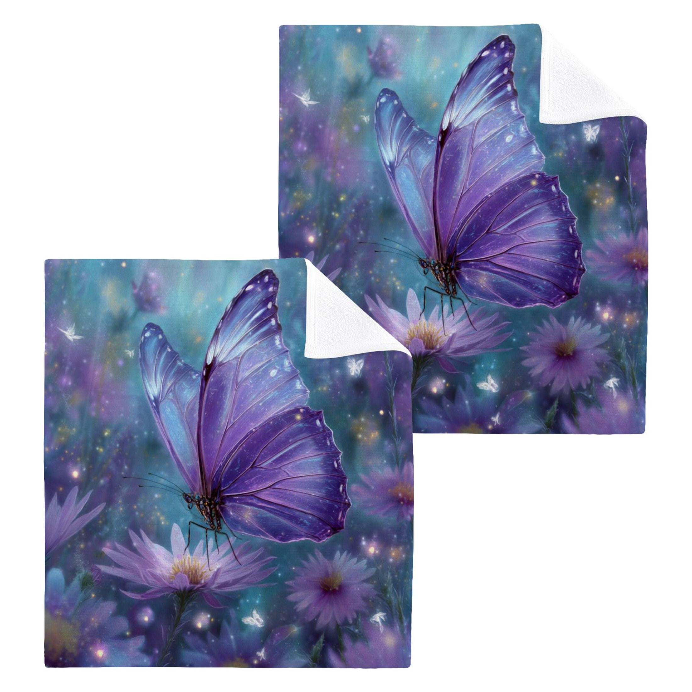 Purple Sparkling Butterfly 100% Cotton Face Towel 12x12in Soft Absorbent Washcloth Durable Printed Hand Towels for Bathroom Travel 6 Pcs