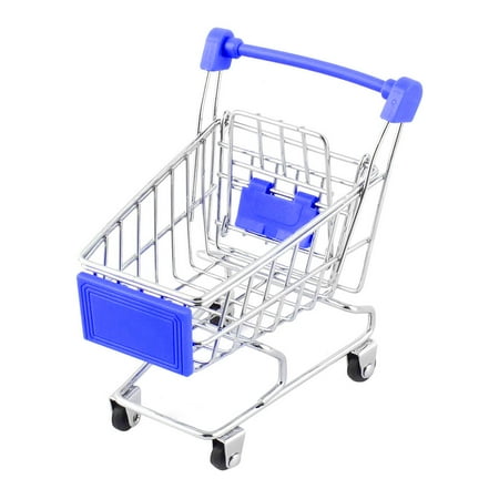 Royal Blue Metal - Ornament Size Household Desktop Metal Shopping Trolly Container Cart Royal Blue