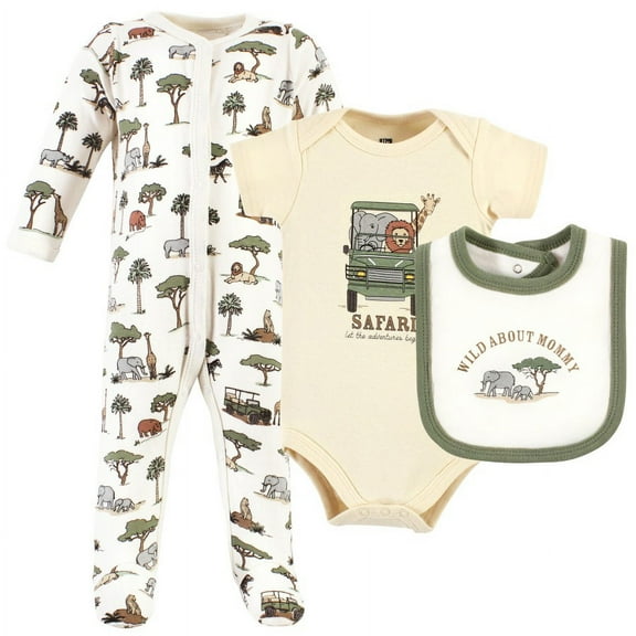 Hudson Baby Infant Boy Cotton Sleep and Play, Bodysuit and Bandana Bib Set, Going On Safari, Newborn