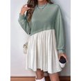 thumbnail image 6 of Women'S Color Block Round Neck Long Sleeve Ruffle Hem Casual A Line Short Dress Green XL, 6 of 7