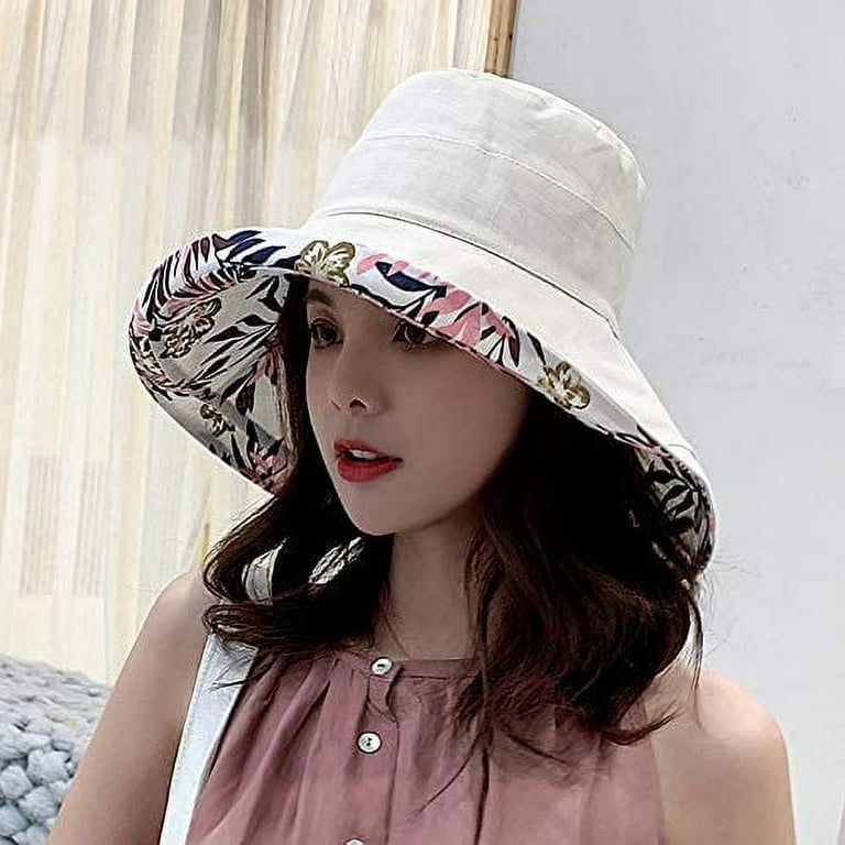 Wide Brim Cotton Summer Hat,Women's Packable Reversible Floral
