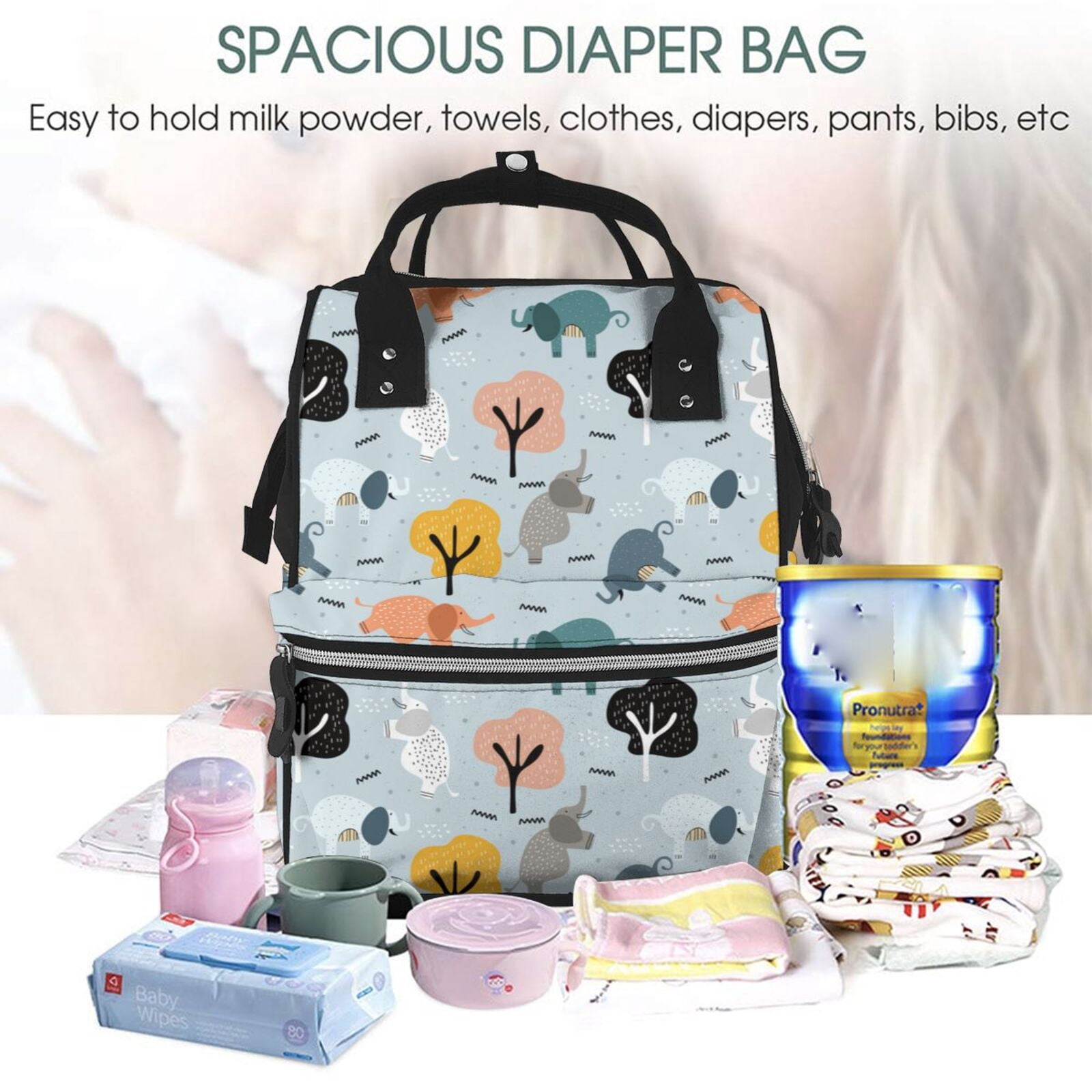 Fuzoiu Elephant Tree Print Diaper Bag Backpack,Baby Essentials Travel Tote,Multi function Waterproof Diaper Bag, Travel Essentials Baby Bag - Unisex