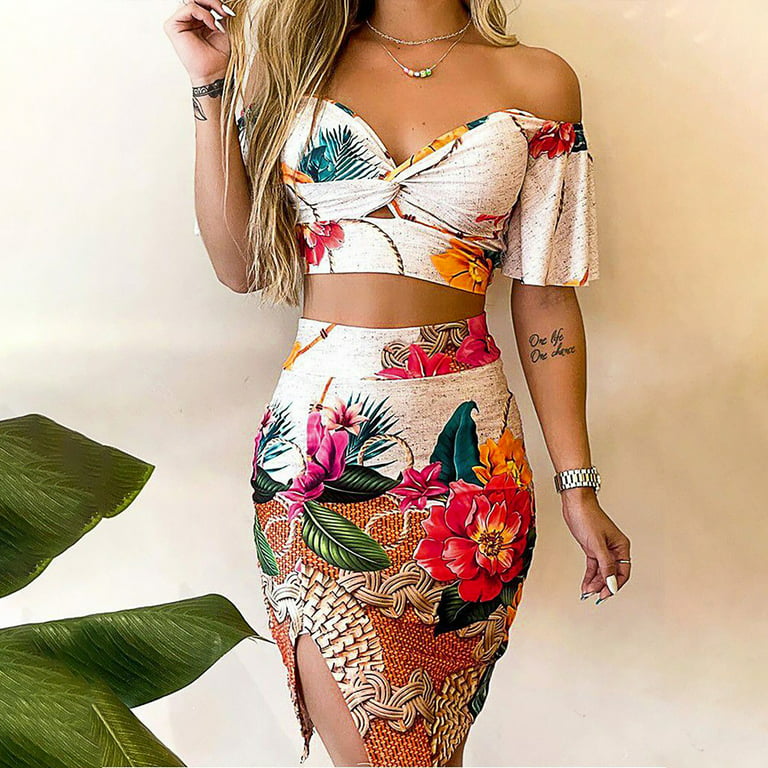 VEKDONE 2024 Clearance Elegant Hawaiian Dress Set for Women Off Shoulder Crop  Top Midi Pencil Skirt with Ruffles Short Sleeve Sets, Summer Casual  Swimsuit for Women for Vacation 