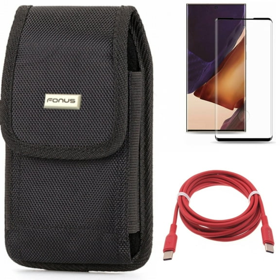 Screen Protector & Case Belt Clip & Red 6ft Long Cable for Samsung Galaxy Note 20 Ultra (6.9") - Combo with Tempered Glass (Fingerprint Unlock) & Swivel Holster & USB-C to Type-C PD Fast Charger
