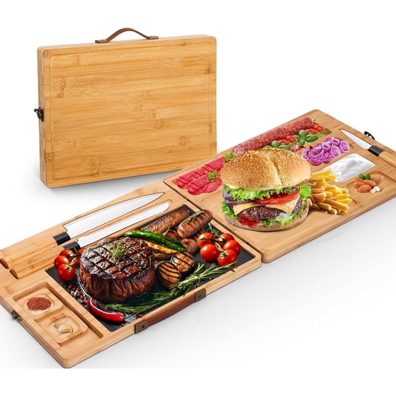 Charcuterie Board Set, Foldable Bamboo with Magnetic Knife Storage,for Picnic House Warming Gift