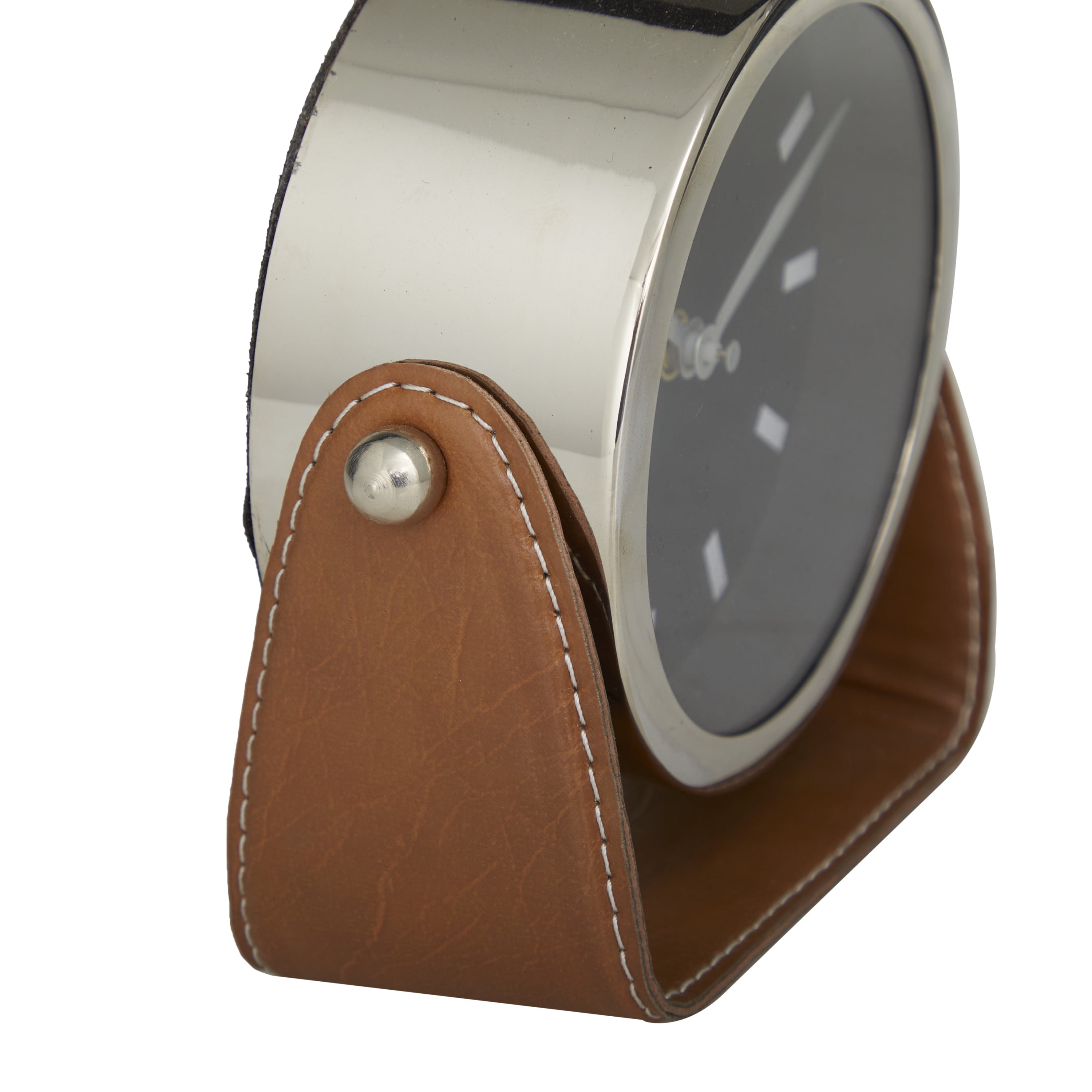 DecMode Stainless Steel Modern Round Decorative Desk Clock 6"W x 6"H, with Metallic Silver and Leathery Brown Stand