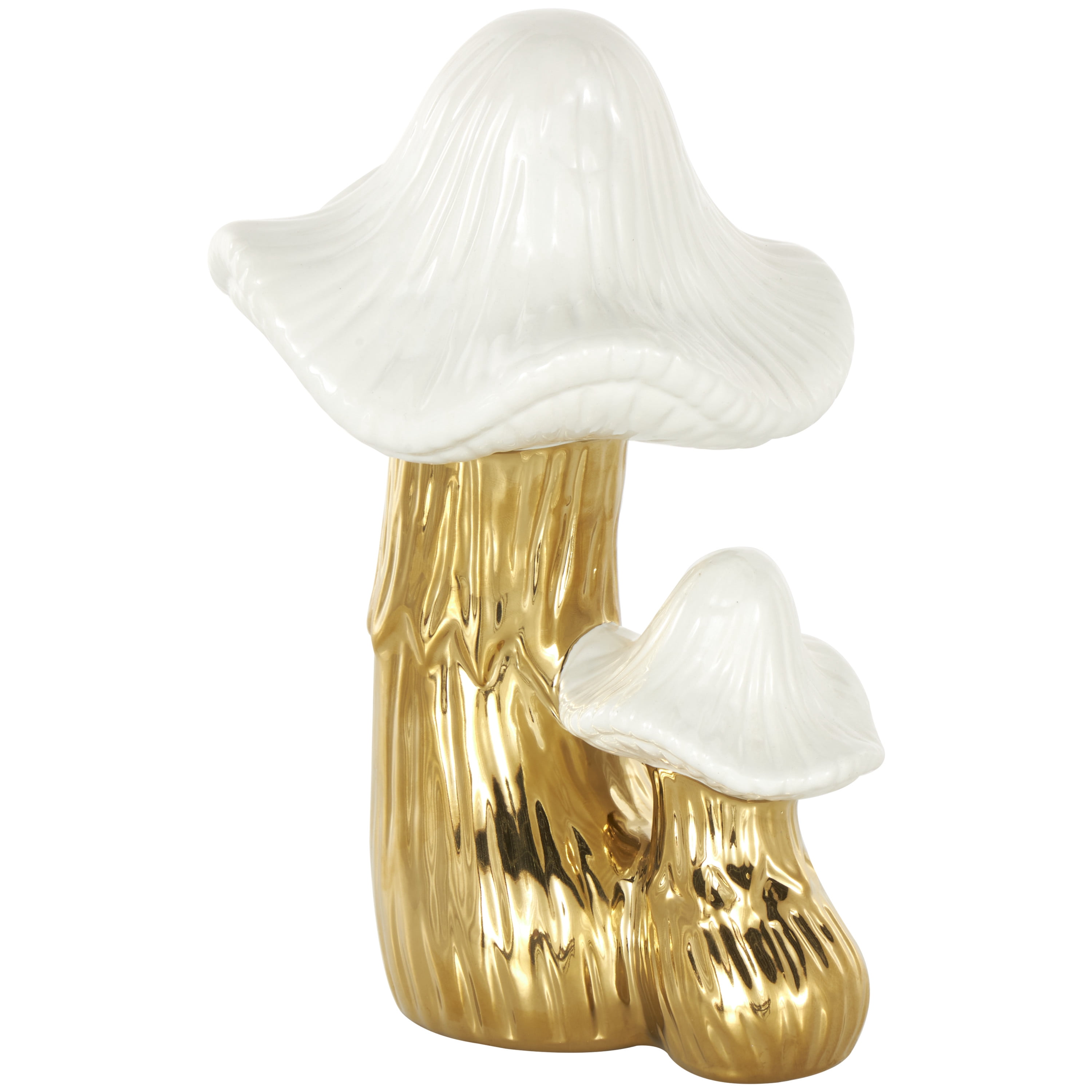 7" x 10" Gold Ceramic Mushroom Sculpture with White Tops and Textured Grooves, by DecMode
