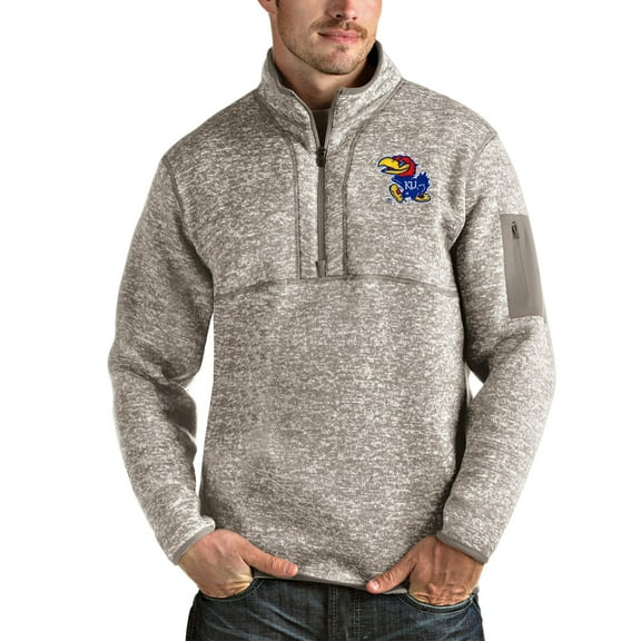 Men's Antigua Oatmeal Kansas Jayhawks Fortune Half-Zip Pullover Jacket