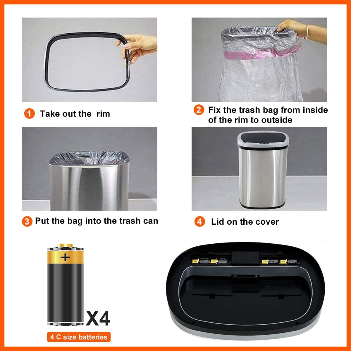 13 Gallon Trash Can Automatic Kitchen Garbage Can with Lid Touchless Sensor Waste Bin Slim No Touch Stainless Steel Trash Can for Home, Living Room, Bedroom, Office, 50 Liter- Silver