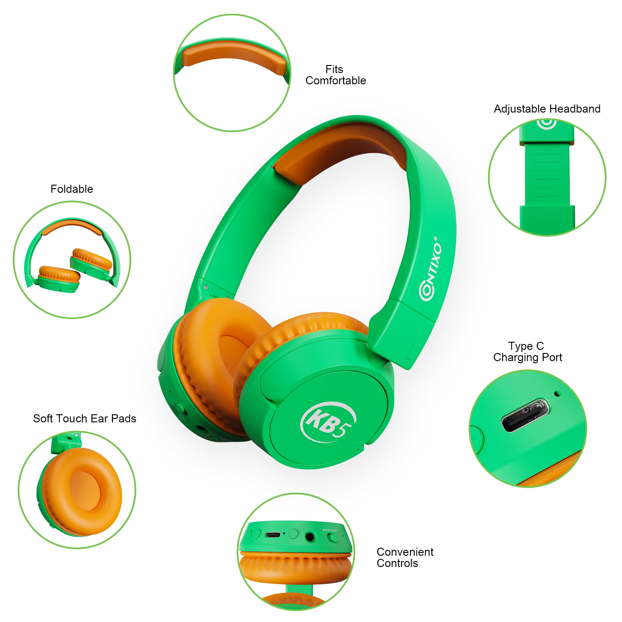 Contixo KB-5 Wireless Kids Headphones, Over-Ear Foldable Bluetooth Headset with 85dB Volume Limit, Green/Orange