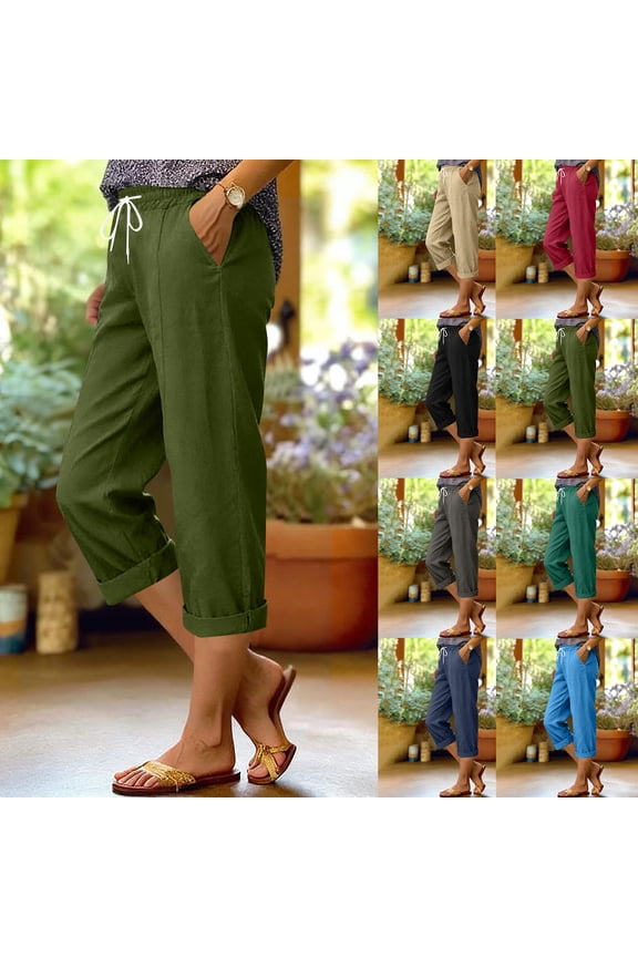 Cotton Capri Pants for Women Drawstring Casual Loose Cuffed Cropped Pants with Pockets Solid Color Summer Outdoor Capris S--XXXL