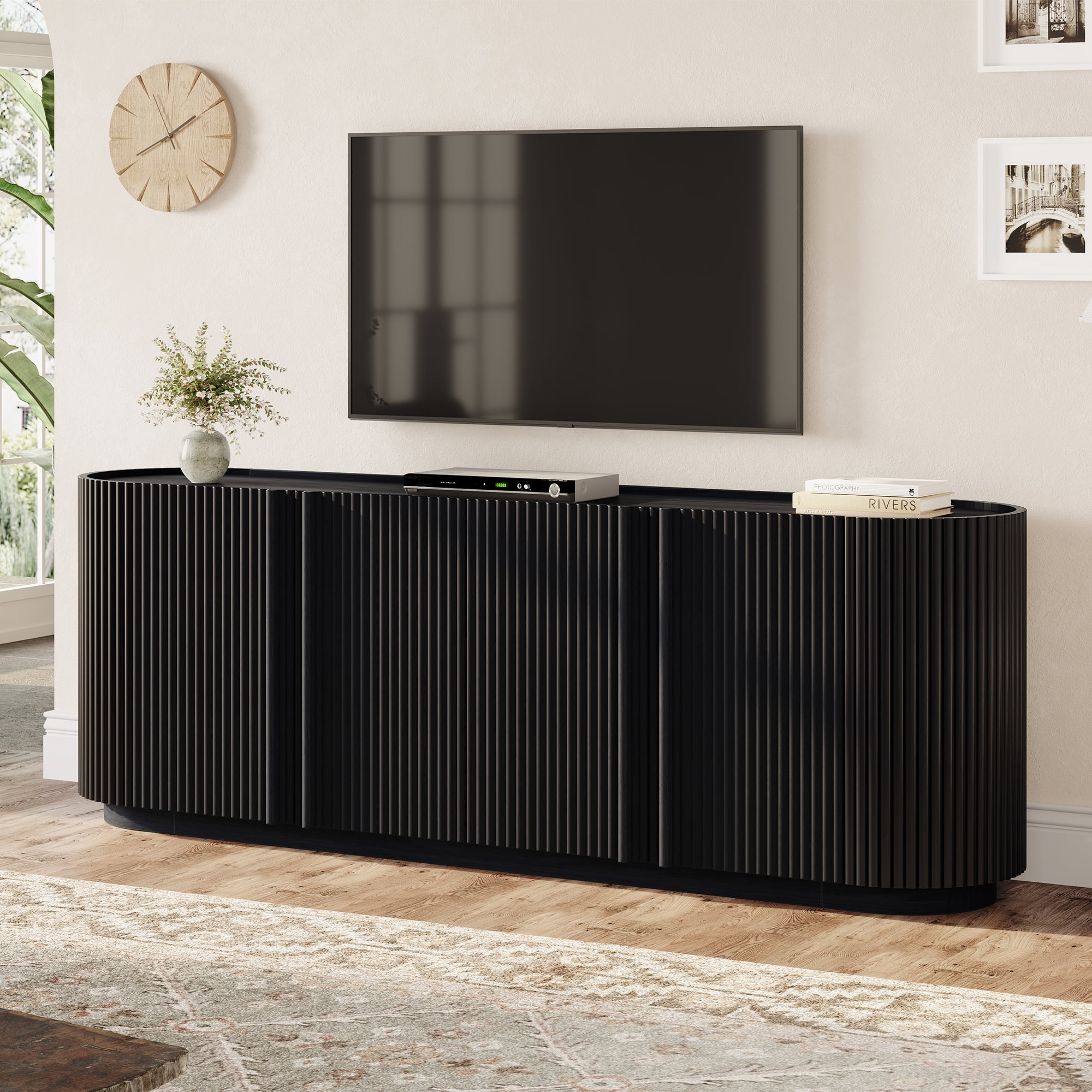 Aukfa Mid Century Modern Fluted TV Stand for TVs up to 70",Entertainment Center,Curved Design,Black
