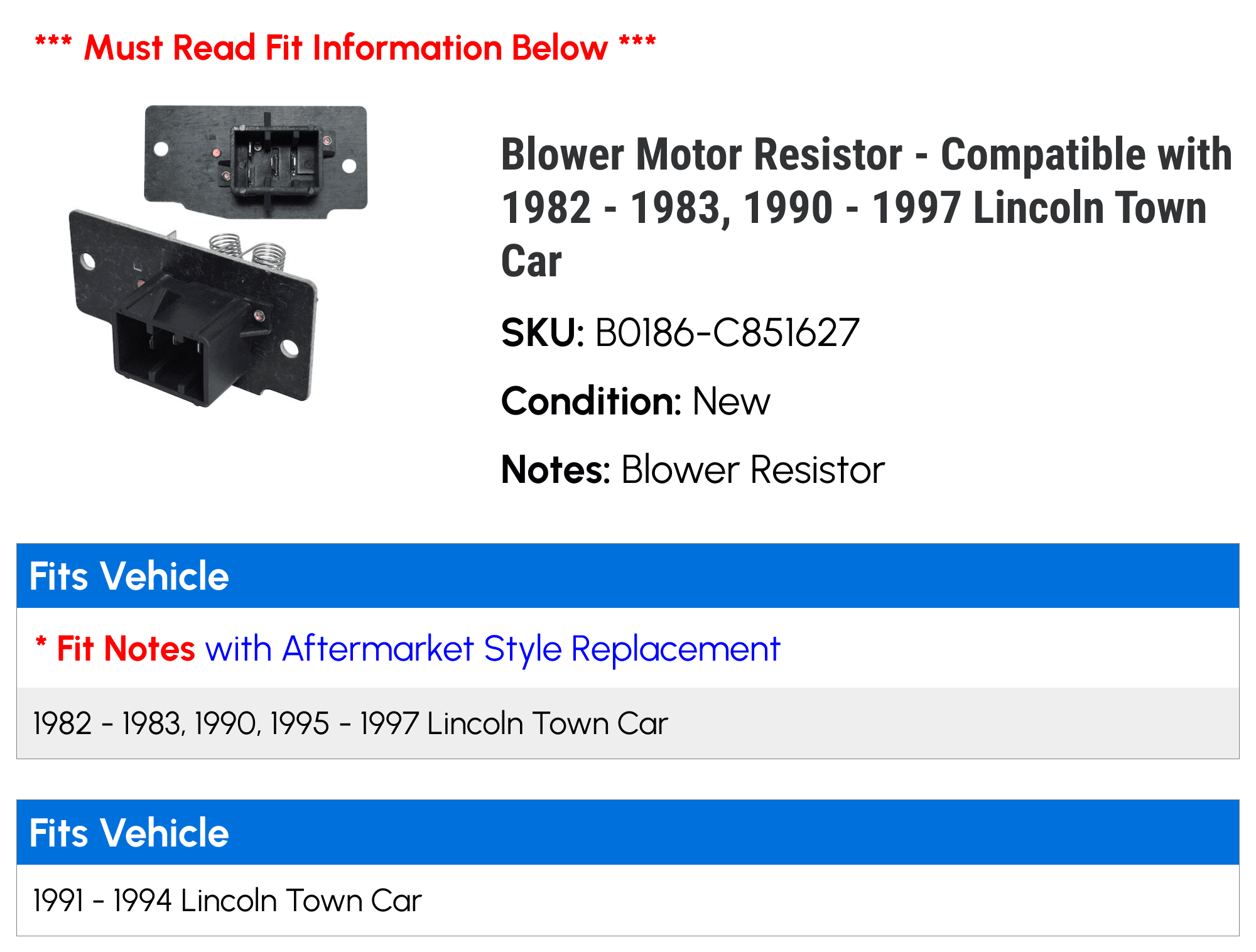 Blower Motor Resistor - Compatible with 1982 - 1983, 1990 - 1997 Lincoln Town Car 1991 1992 1993 1994 1995 1996
