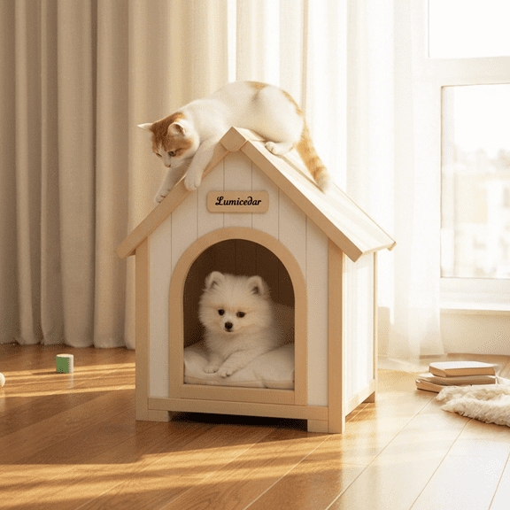 ZephyPaws Solid Cedar Pet House,Cream Yellow Cabin Style Indoor Shelter for Small Dogs & Cats,Durable Non-Toxic Wooden Pet Home with Easy Assembly