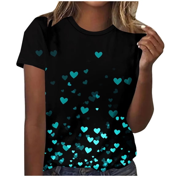 Riecok Womens Valentine T Shirts Crewneck Short Sleeve Tops Lightweight Blouses Heart Print Loose Summer Tees