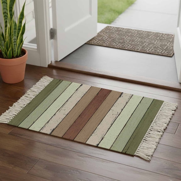 Sage Green Bathroom Rug 2'x3', Farmhouse Wood Grain Vintage Brown Striped Low Profile Front Entryway Rug with Tassels, Woven Cotton Washable Kitchen Mat Carpet for Foyer Bedroom Back Door Decor
