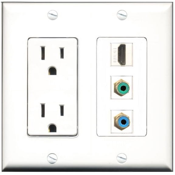 RiteAV - 15 Amp Power Outlet 1 Port HDMI 1 Port RCA Green 1 Port RCA Blue Decorative Wall Plate