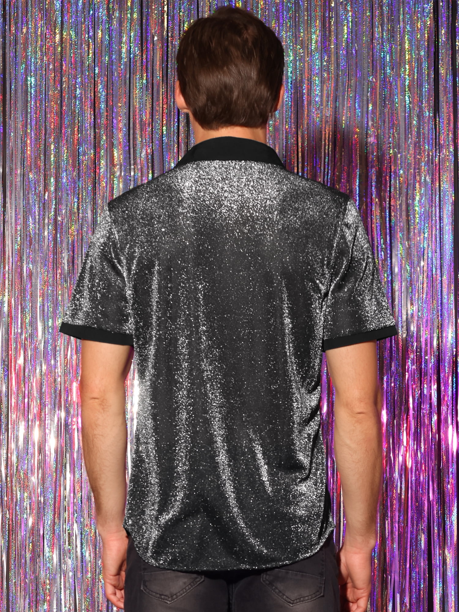 DARING DIVA Men's Metallic See Through Short Sleeves Disco Shiny Sheer Shirts M Silver