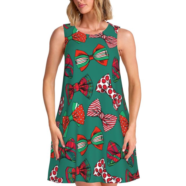 Balery red and green bow tie Vestidos de verano para mujer con estampado: vestido holgado sin mangas, vestido playero informal y cómodo para días calurosos.