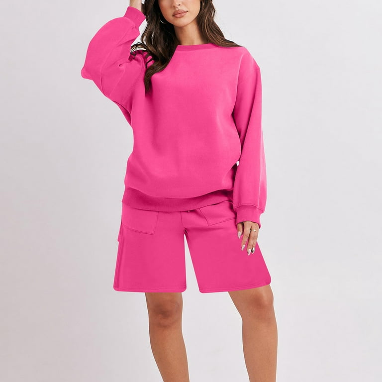 Posijego Womens 2 Piece Sweatshirt Set Solid Color Crew Neck Pullover Top  With Drawstring Shorts Sweatshirt Jogging Set