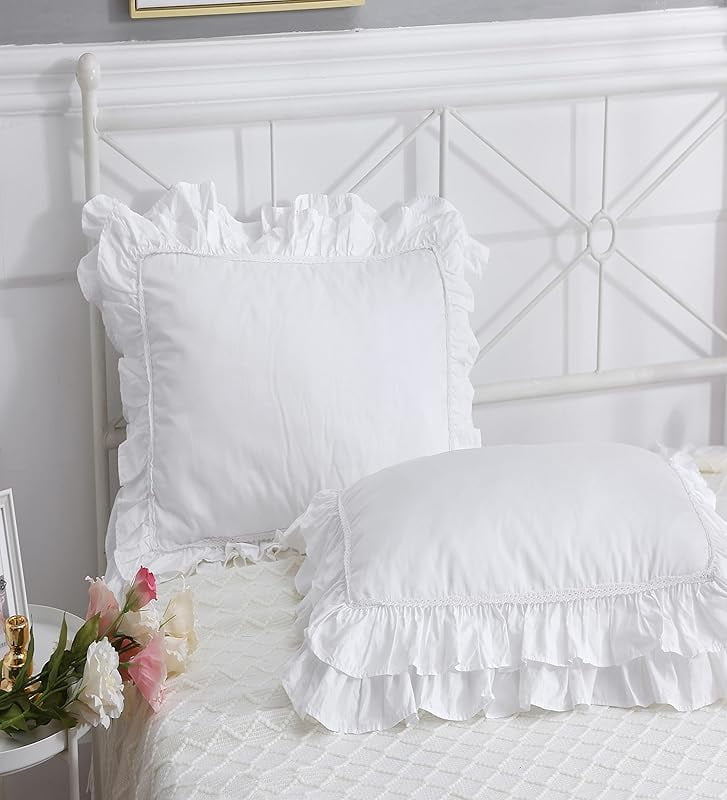 2-Pack Bright White Pillow Shams Pillowcases with Lace and Ruffles Cotton Standard Twin Size 20"X26" Shabby Chic