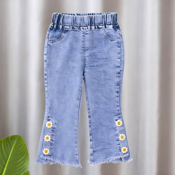 YUSIM Toddler Girls Embroidered Jeans- Elastic Waist Slim Fit Casual Cute Denim Pants Light Blue Size 2-5 T